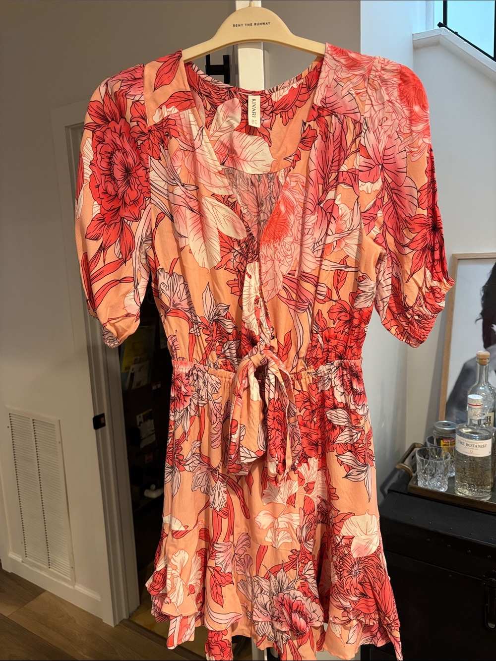 Kivari Coral Pink Floral Tie-Waist Mini Dress